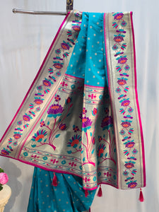 Peacock Green Soft Silk Saree with Flower Butti & Lotus Border