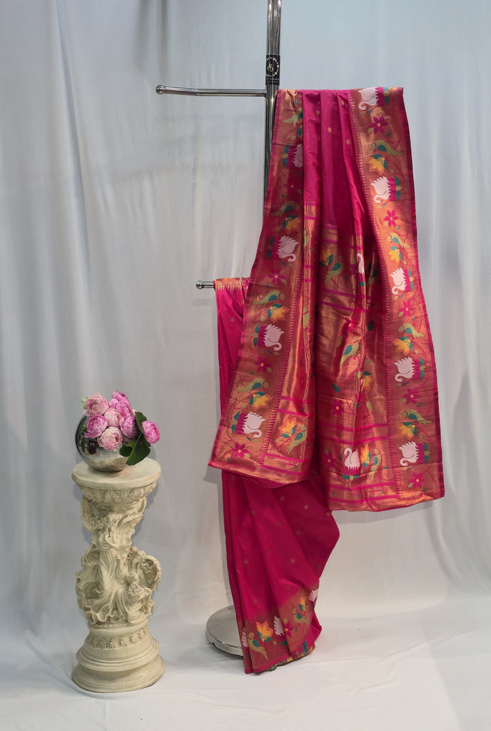 Rani Pink Soft Silk Saree with Round Butti & Rajhans Border