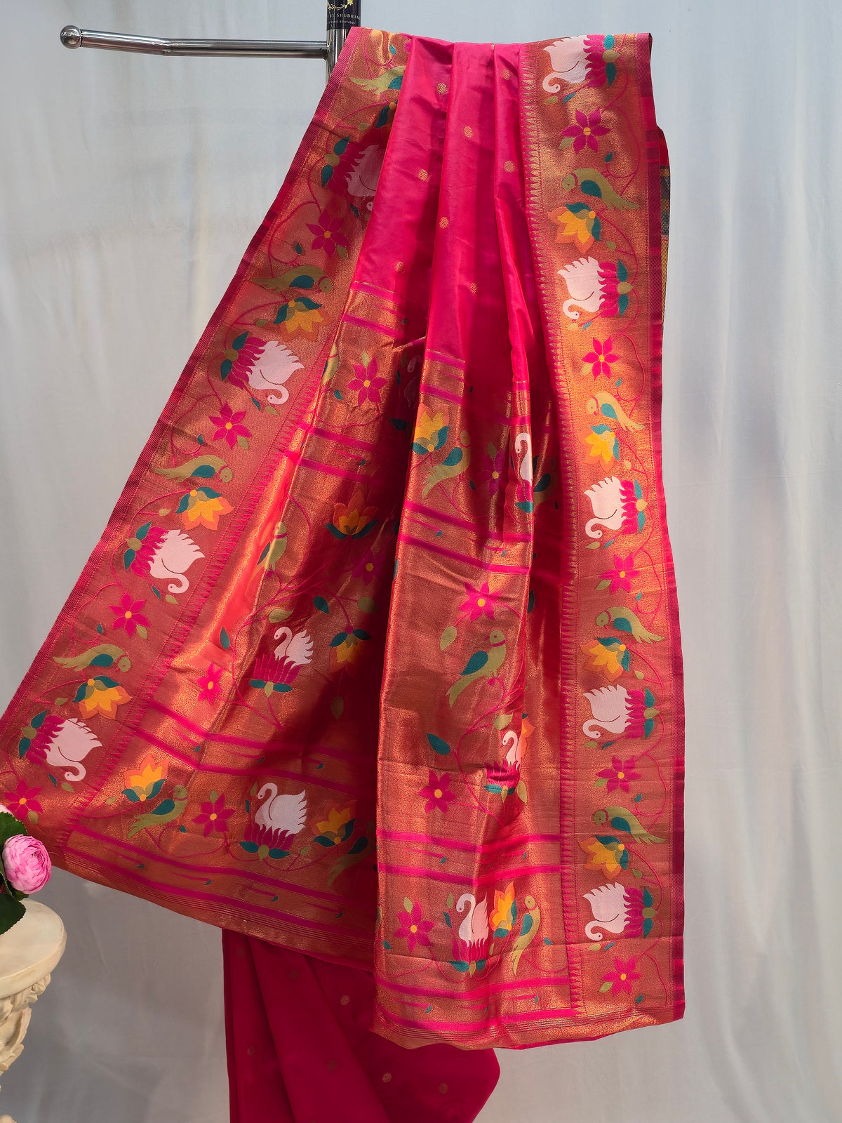 Rani Pink Soft Silk Saree with Round Butti & Rajhans Border