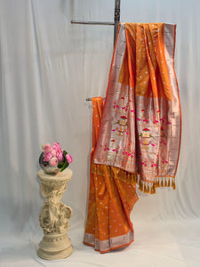 Saffron Soft Silk Saree with Muniya Border & Round Butti