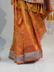 Saffron Soft Silk Saree with Muniya Border & Round Butti
