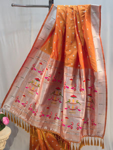 Saffron Soft Silk Saree with Muniya Border & Round Butti