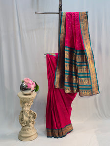 Rani Pink Soft Silk Saree with Peacock Border & Flower Butti