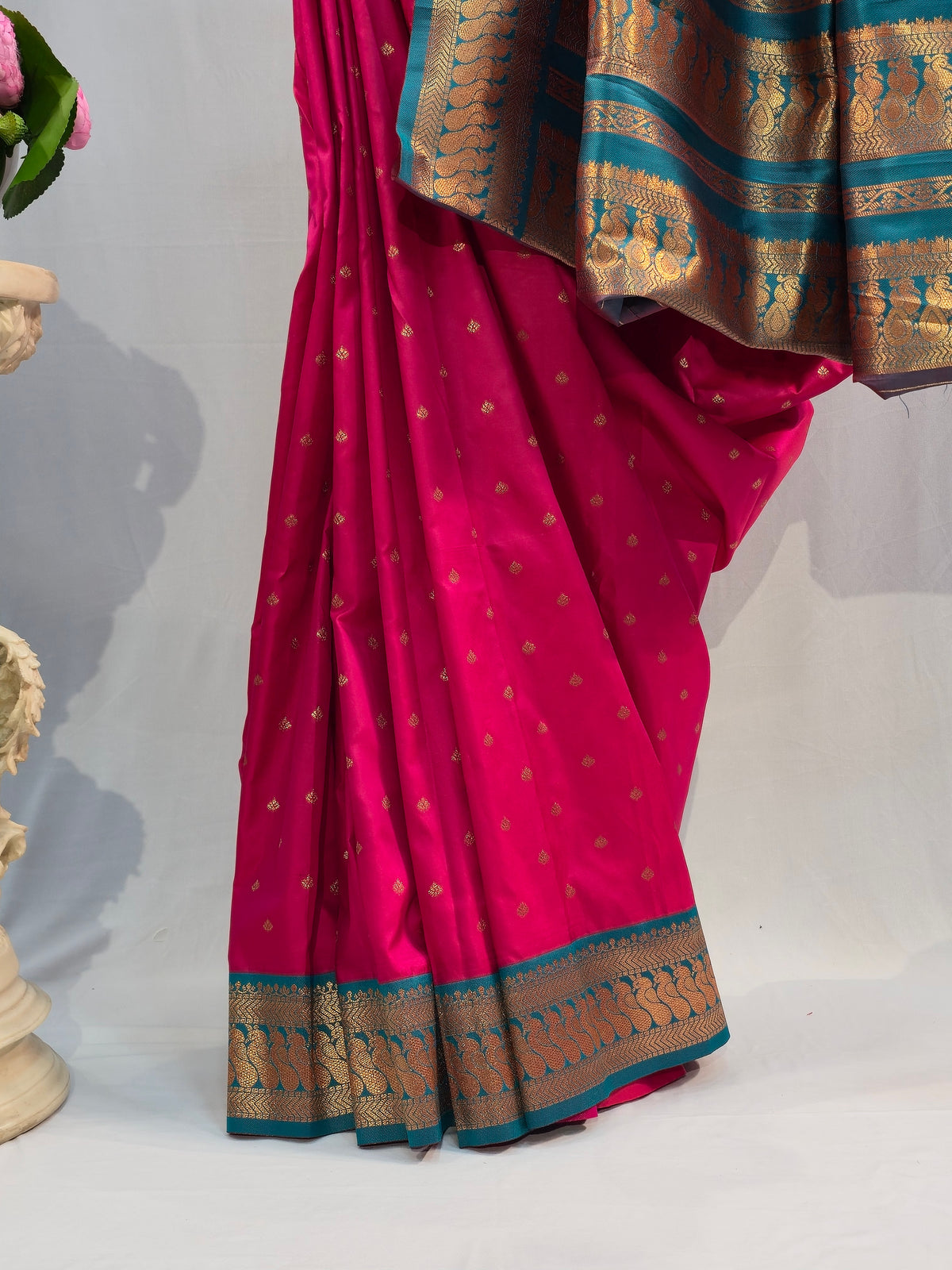 Rani Pink Soft Silk Saree with Peacock Border & Flower Butti