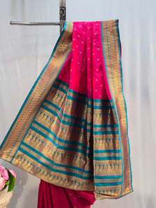 Rani Pink Soft Silk Saree with Peacock Border & Flower Butti