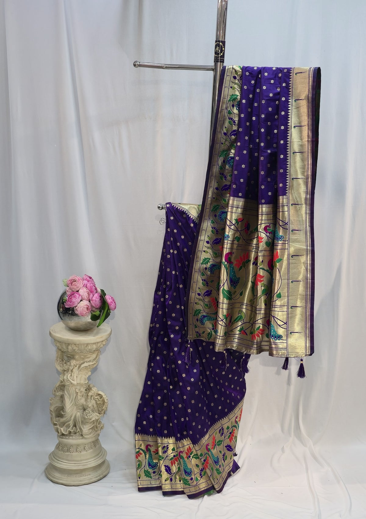 Violet Soft Silk Saree with Flower Butti & Peacock Parrot Border