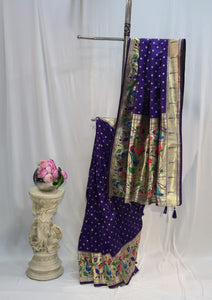 Violet Soft Silk Saree with Flower Butti & Peacock Parrot Border