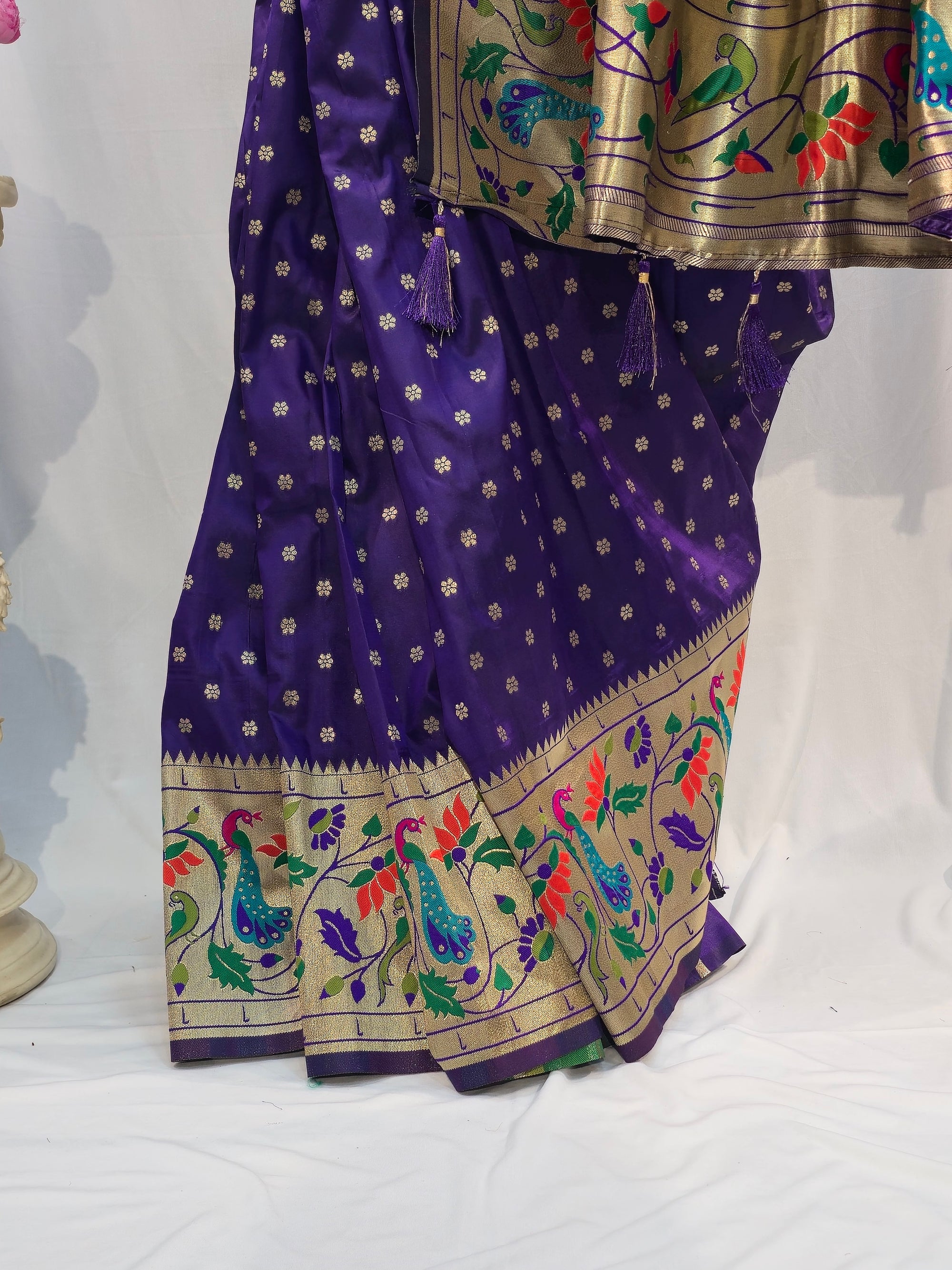 Violet Soft Silk Saree with Flower Butti & Peacock Parrot Border