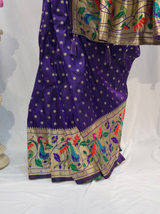 Violet Soft Silk Saree with Flower Butti & Peacock Parrot Border