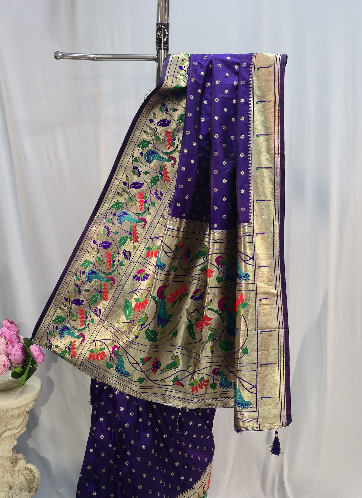 Violet Soft Silk Saree with Flower Butti & Peacock Parrot Border