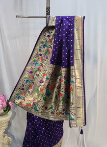 Violet Soft Silk Saree with Flower Butti & Peacock Parrot Border