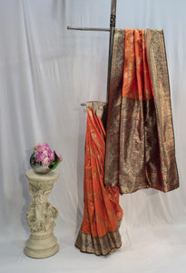 Saffron Soft Silk Saree with Floral Border & All-Over Floral Design