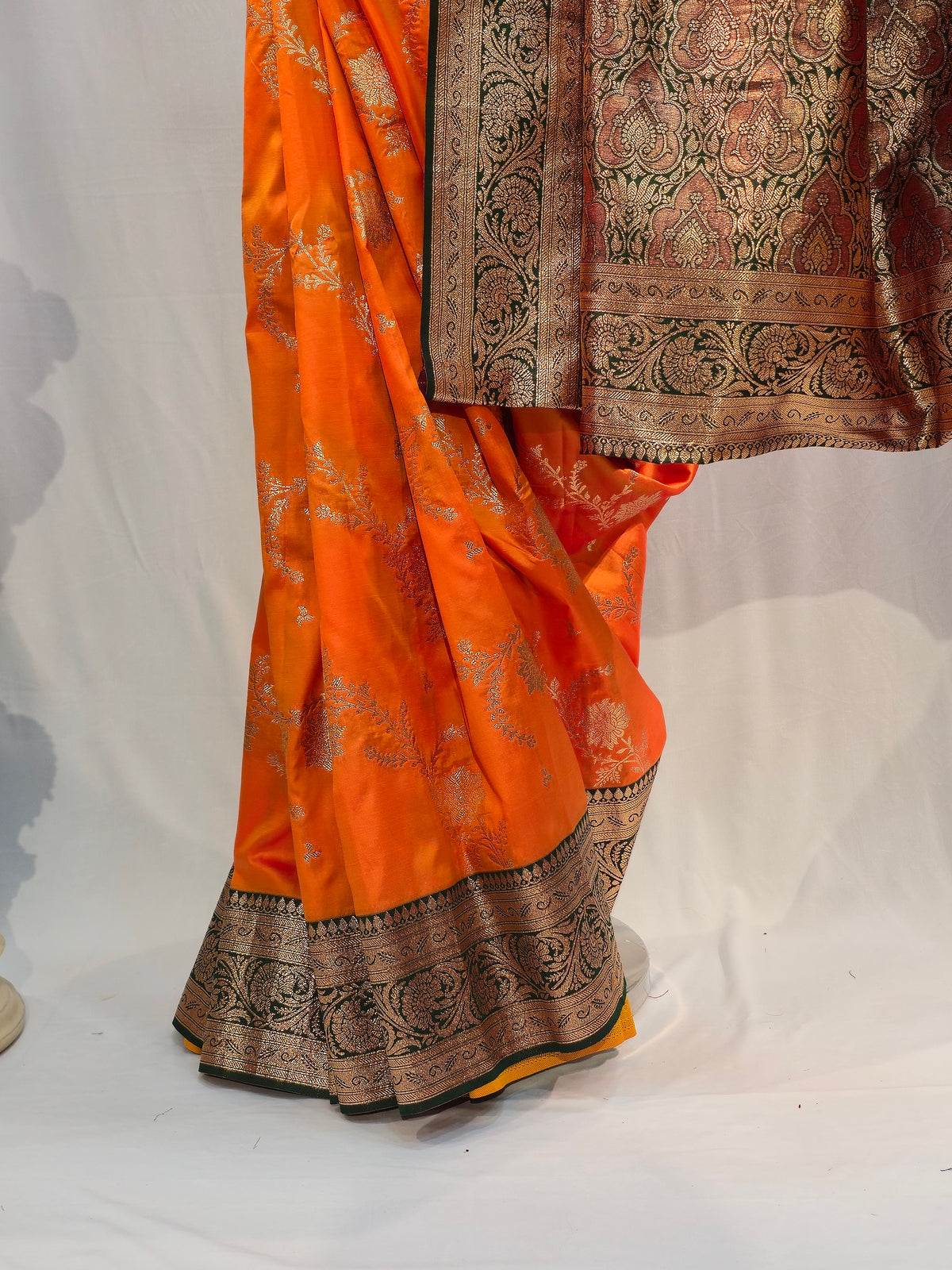 Saffron Soft Silk Saree with Floral Border & All-Over Floral Design