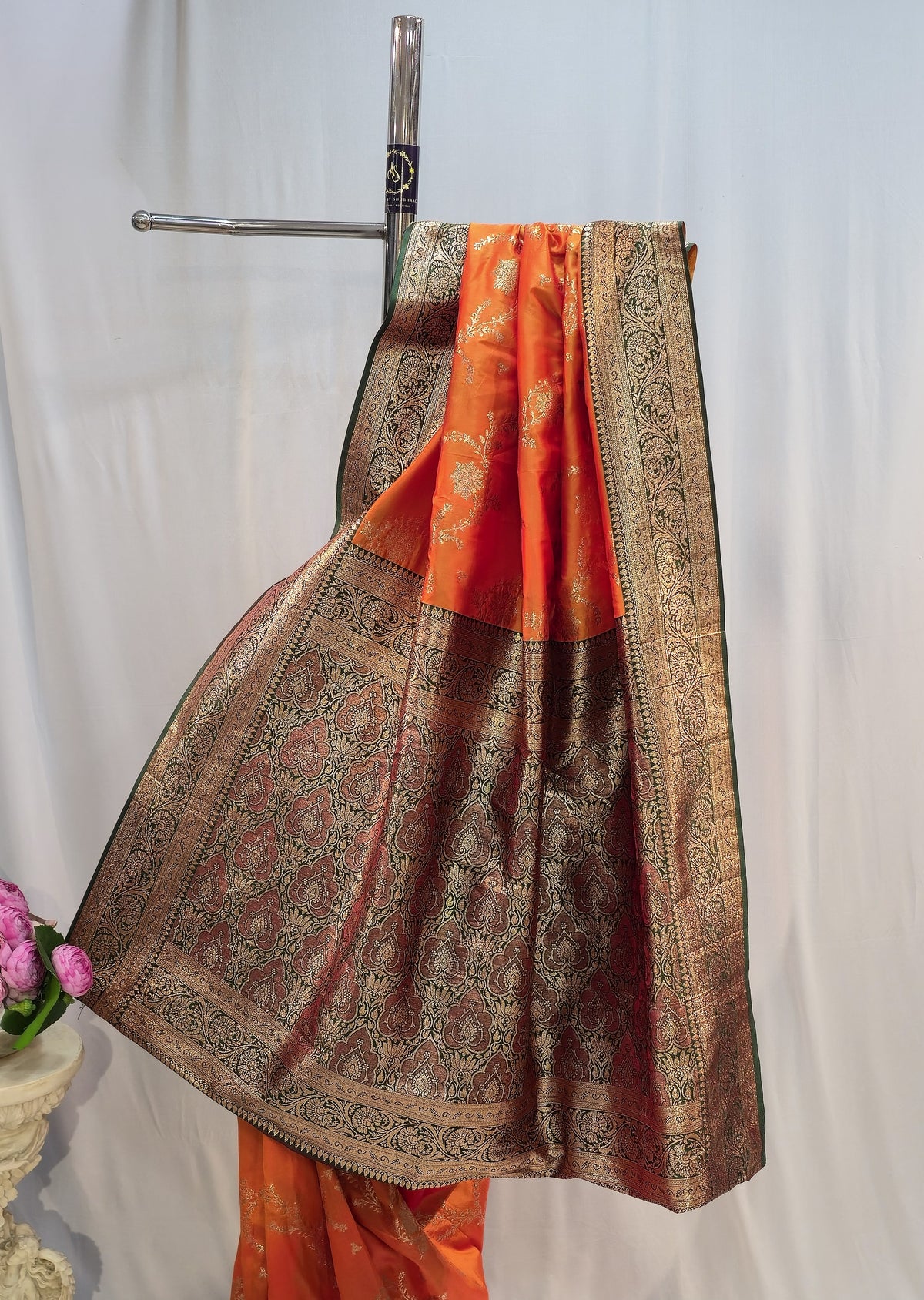 Saffron Soft Silk Saree with Floral Border & All-Over Floral Design