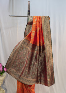 Saffron Soft Silk Saree with Floral Border & All-Over Floral Design