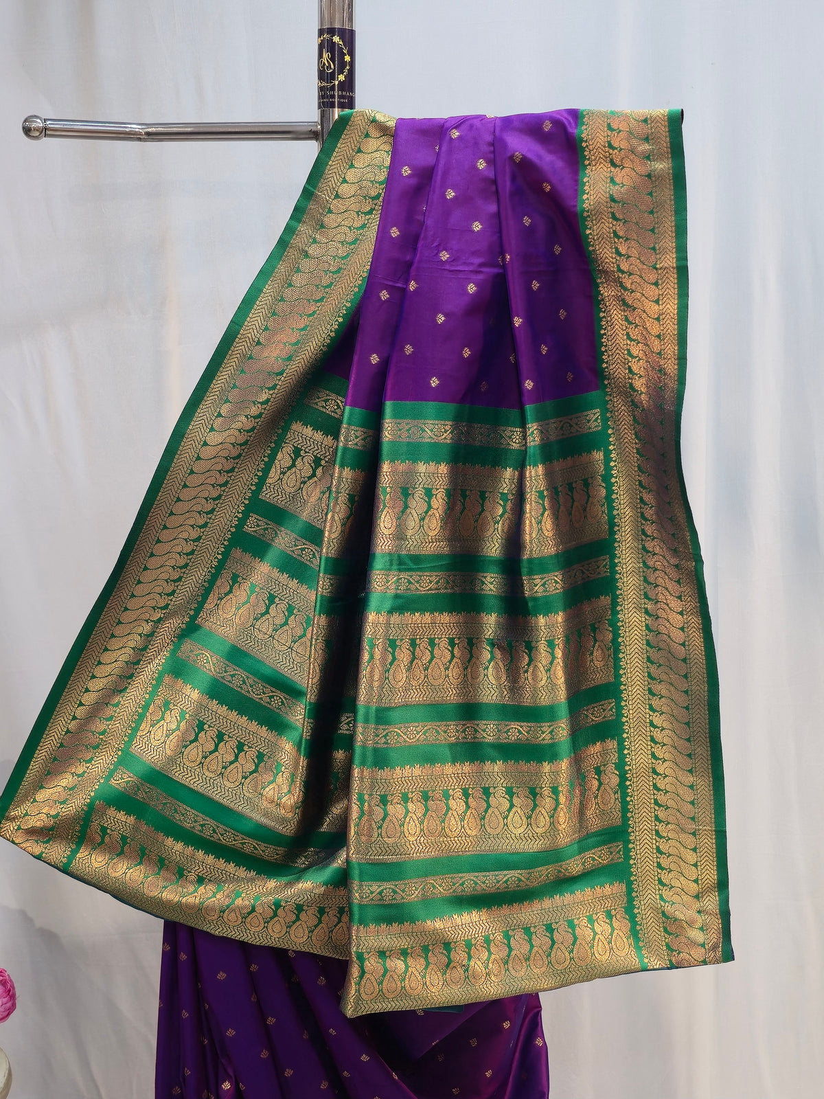 Purple Soft Silk Saree with Peacock Border & Flower Butti