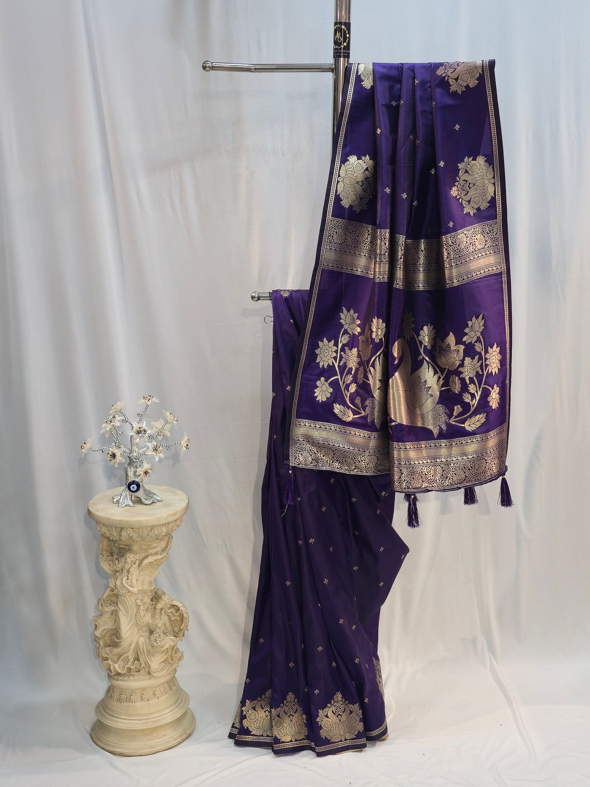 Black Plum Soft Silk Saree with Peacock Motif & Flower Butti