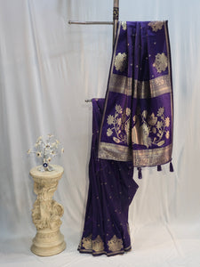 Black Plum Soft Silk Saree with Peacock Motif & Flower Butti