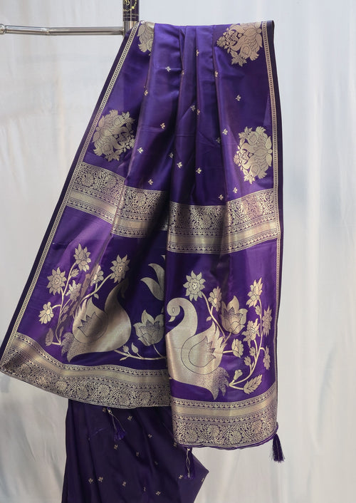 Black Plum Soft Silk Saree with Peacock Motif & Flower Butti