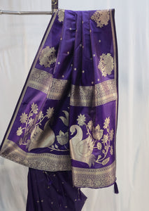 Black Plum Soft Silk Saree with Peacock Motif & Flower Butti