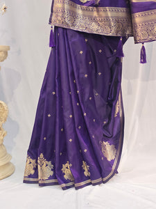 Black Plum Soft Silk Saree with Peacock Motif & Flower Butti