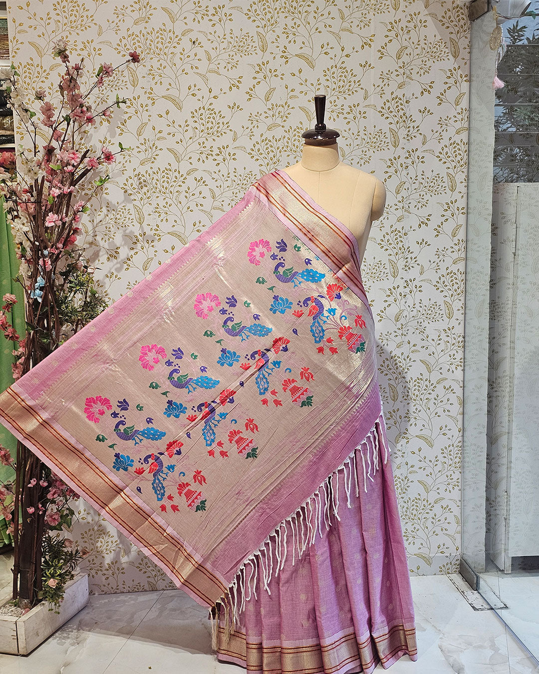 Cotton Paithani Saree  Pure Cotton with Narali Border & Peacock Double Pallu