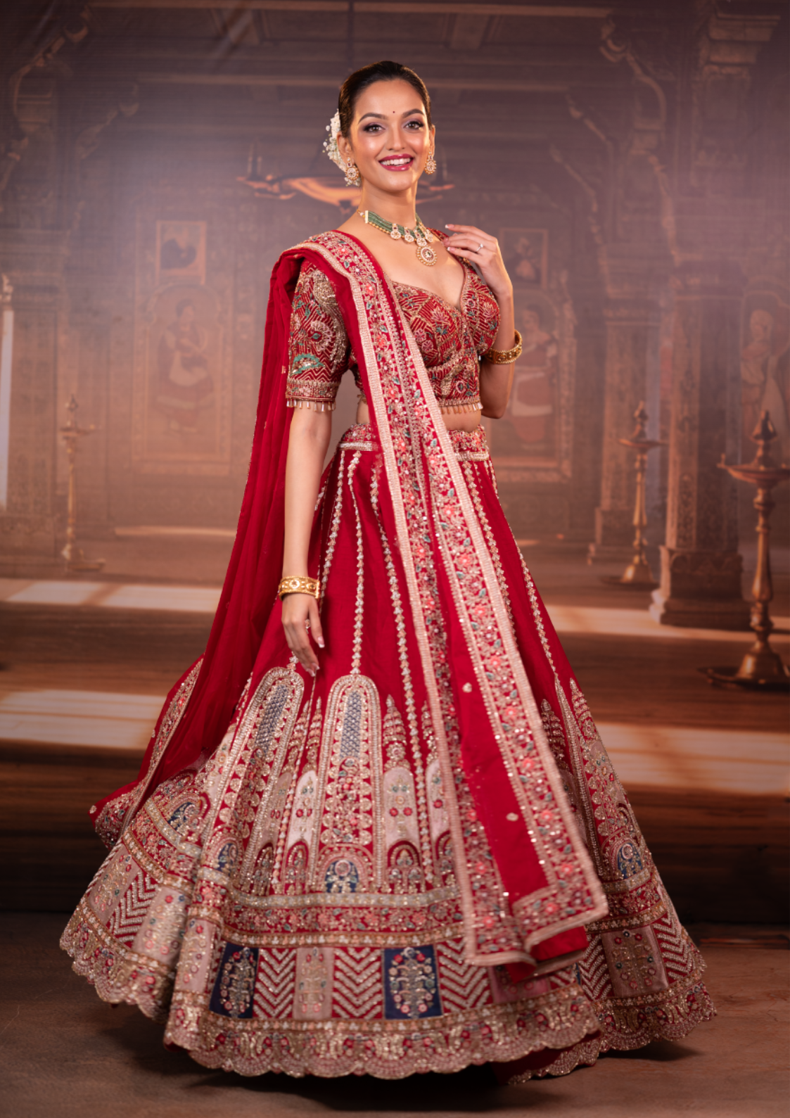 Raw Silk Rajwadi Kali Style Bridal Lehenga | Hand Embroidered