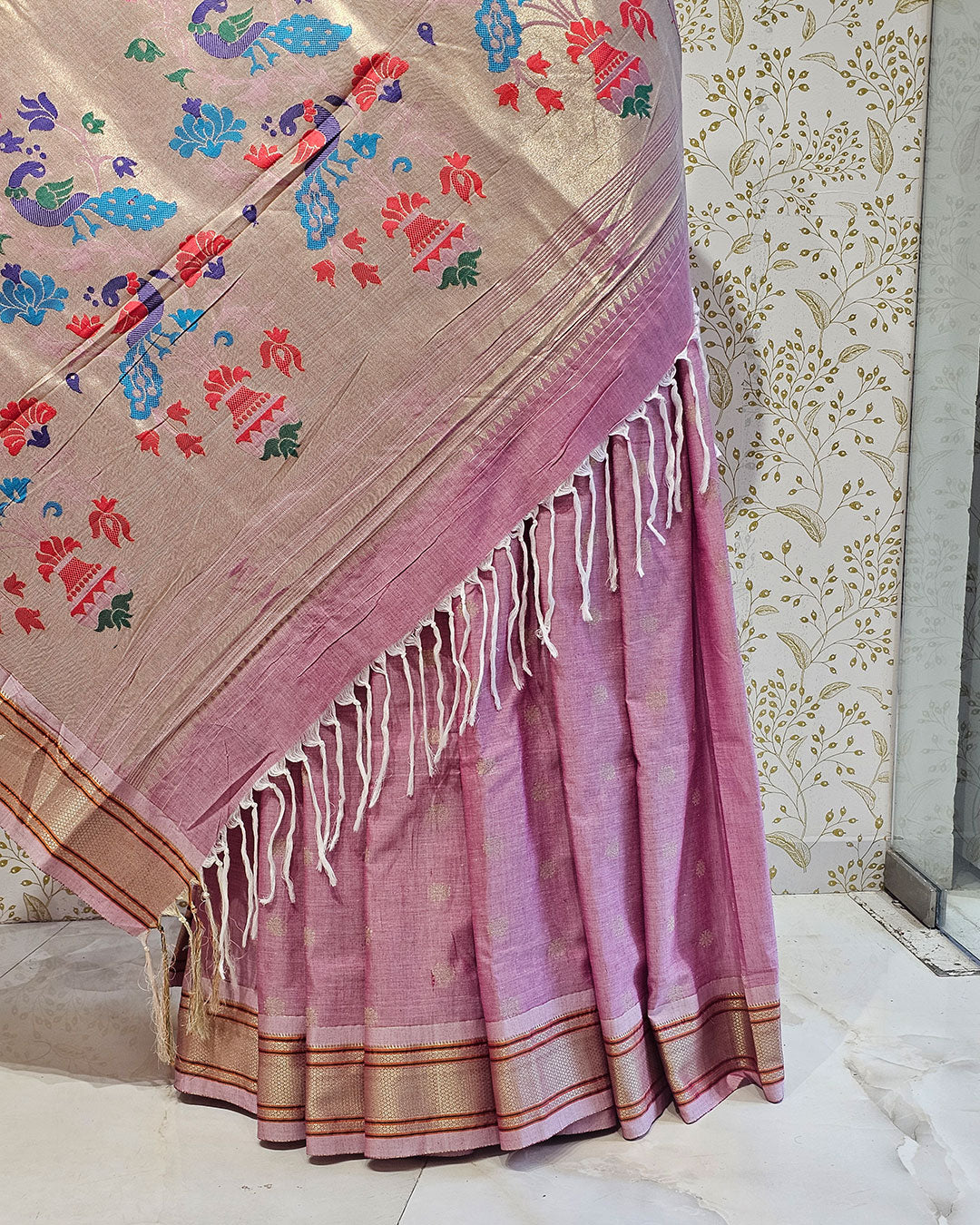 Cotton Paithani Saree  Pure Cotton with Narali Border & Peacock Double Pallu