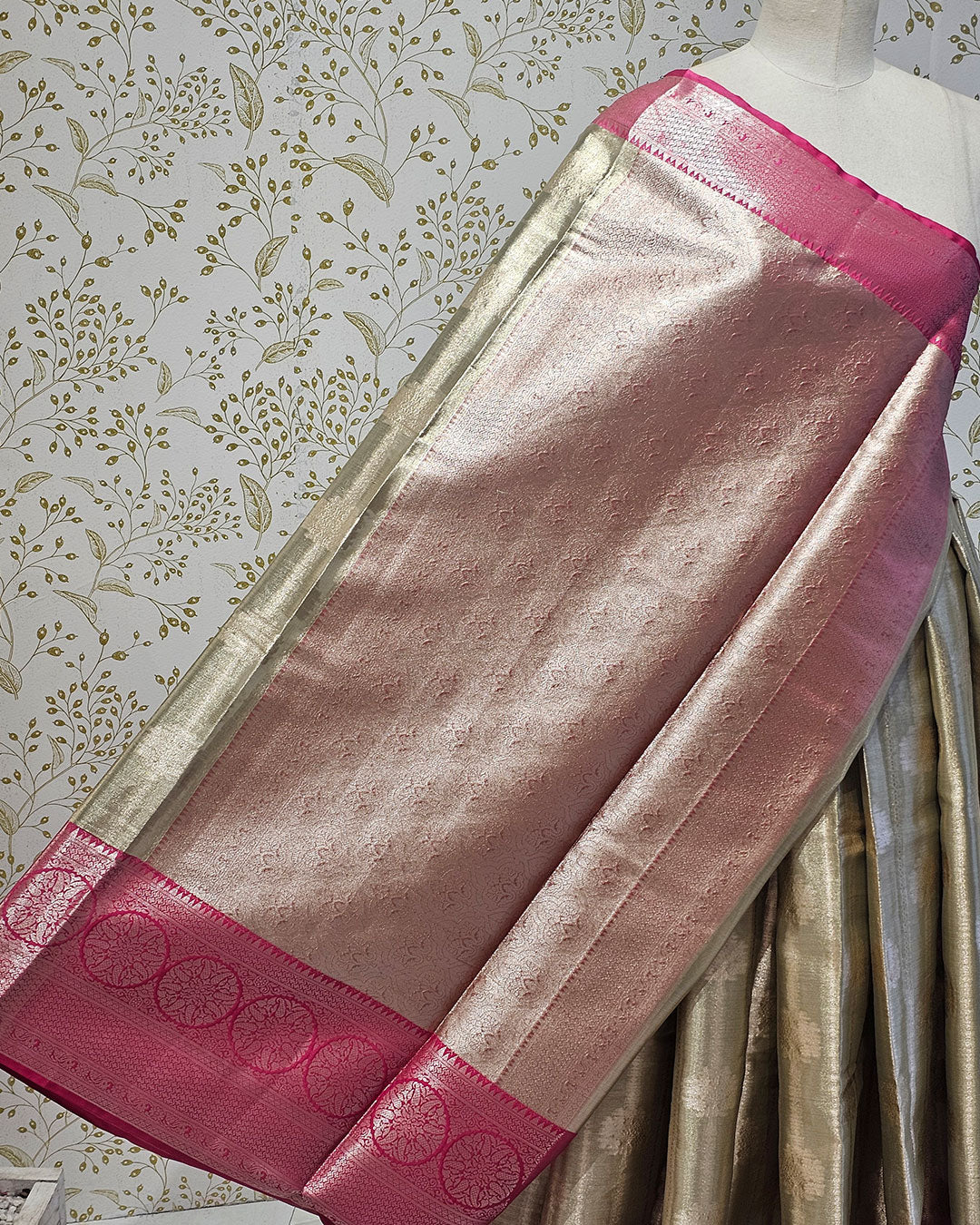 Tissue Kanjivaram Saree Light Gold Zari Lining & Designer Butti with Skirt Border