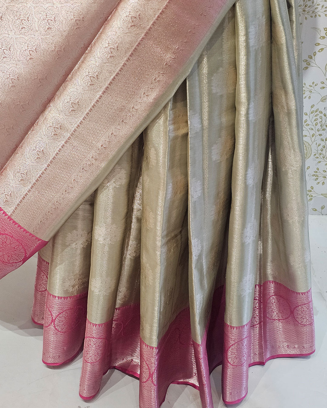Tissue Kanjivaram Saree Light Gold Zari Lining & Designer Butti with Skirt Border