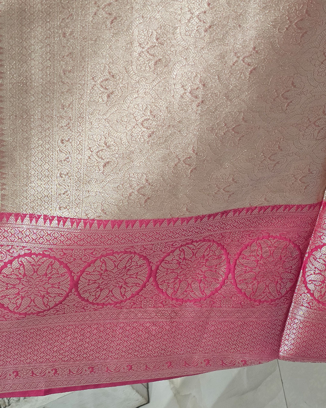 Tissue Kanjivaram Saree Light Gold Zari Lining & Designer Butti with Skirt Border
