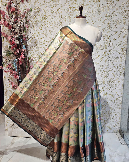 Banarasi Tissue Saree  Copper & Silver Border with Floral Tissue Pallu