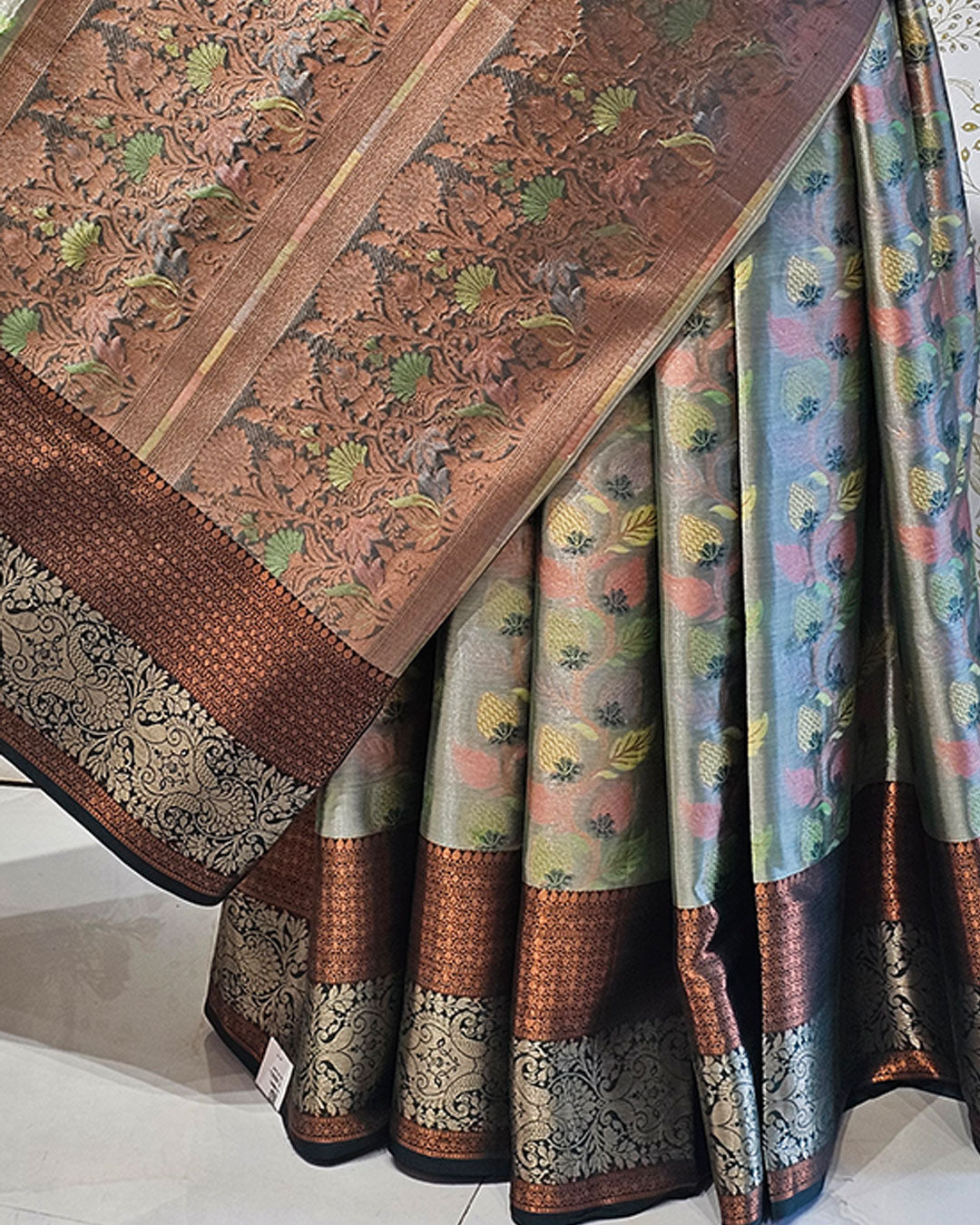 Banarasi Tissue Saree  Copper & Silver Border with Floral Tissue Pallu