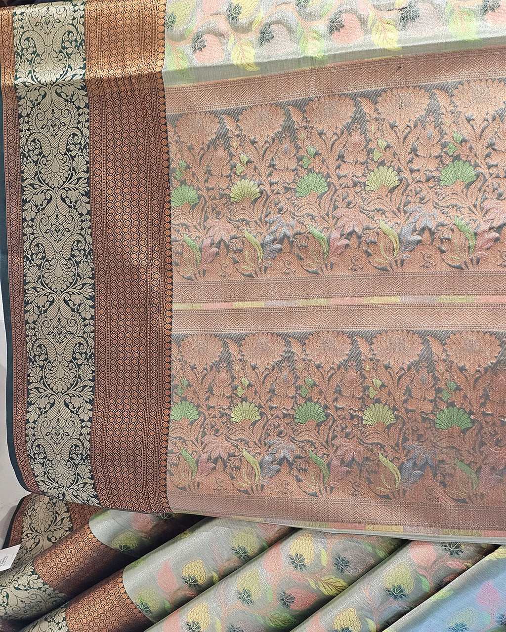 Banarasi Tissue Saree  Copper & Silver Border with Floral Tissue Pallu