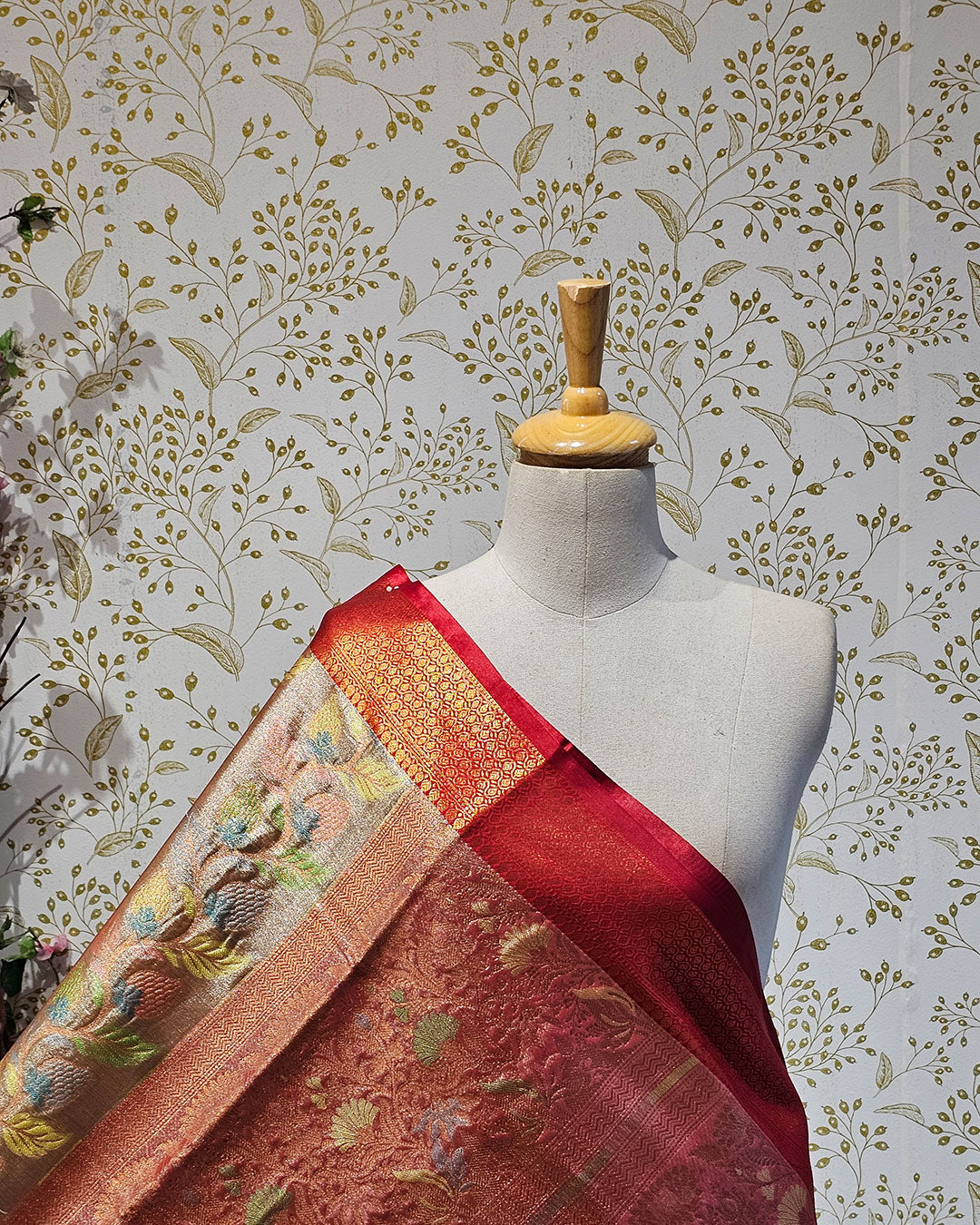 Banarasi Tissue Saree  Copper & Silver Border with Floral Tissue Pallu