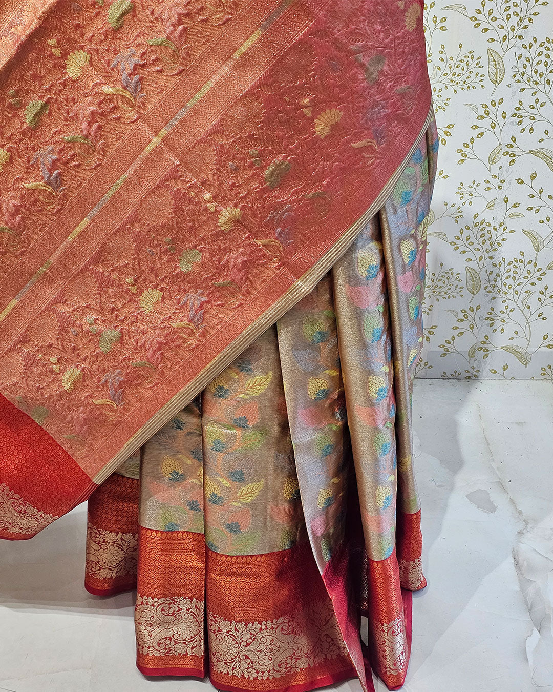 Banarasi Tissue Saree  Copper & Silver Border with Floral Tissue Pallu