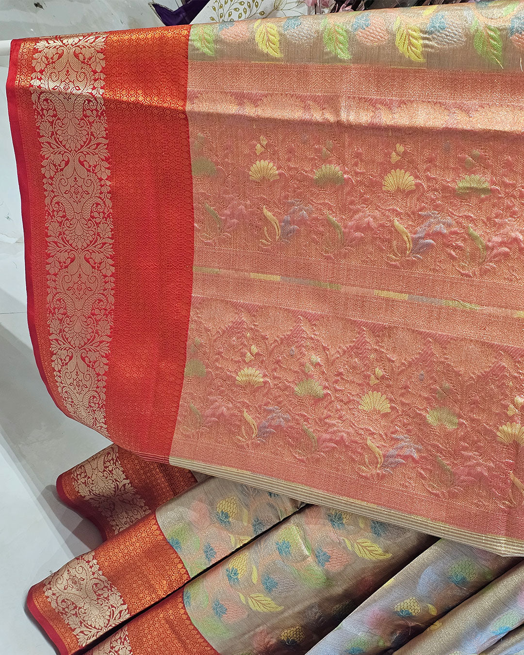Banarasi Tissue Saree  Copper & Silver Border with Floral Tissue Pallu
