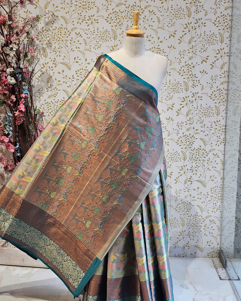 Banarasi Tissue Saree  Copper & Silver Border with Floral Tissue Pallu