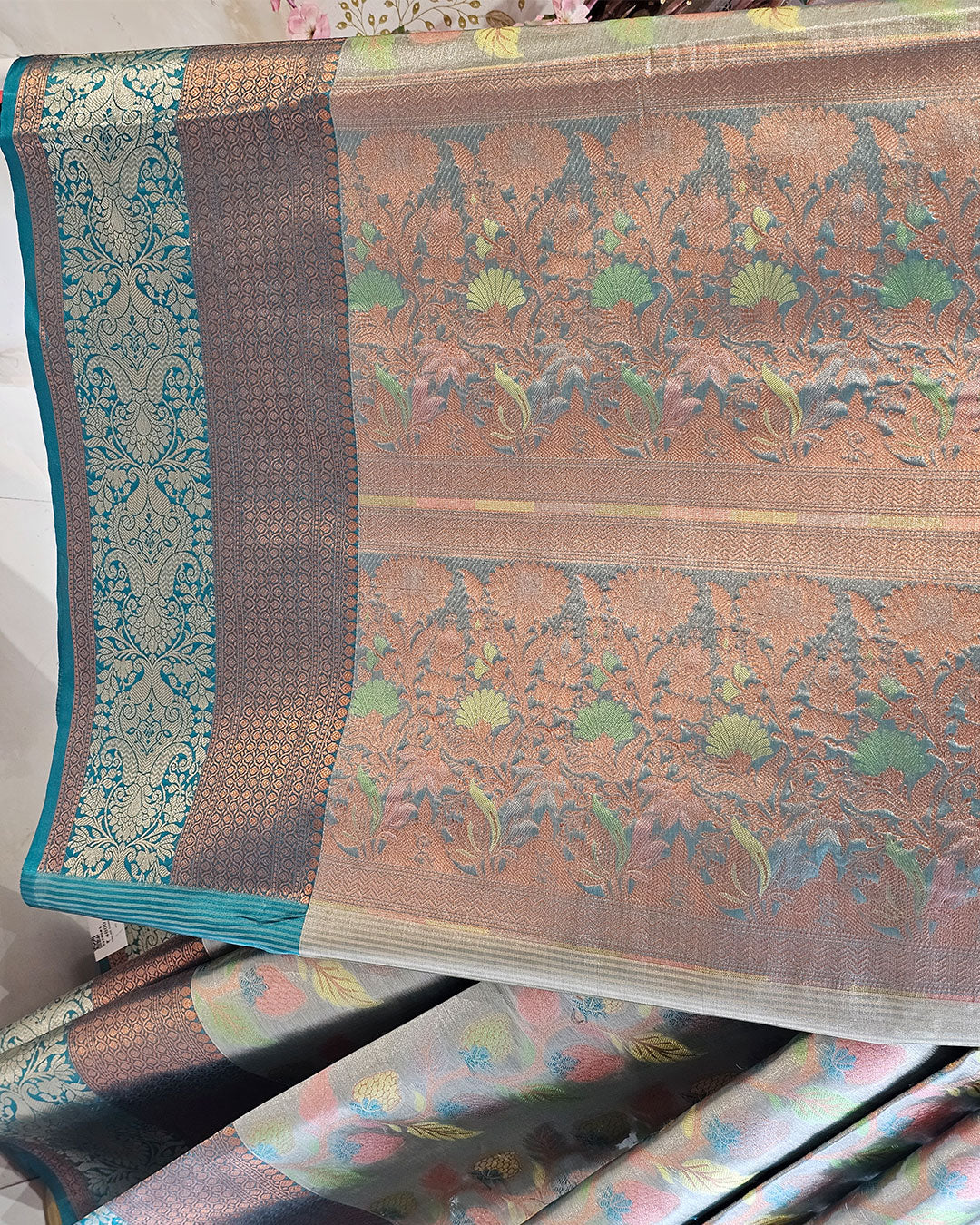 Banarasi Tissue Saree  Copper & Silver Border with Floral Tissue Pallu