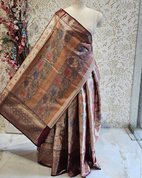 Banarasi Tissue Saree Bronze Zari Border with Floral Design & Tissue Pallu