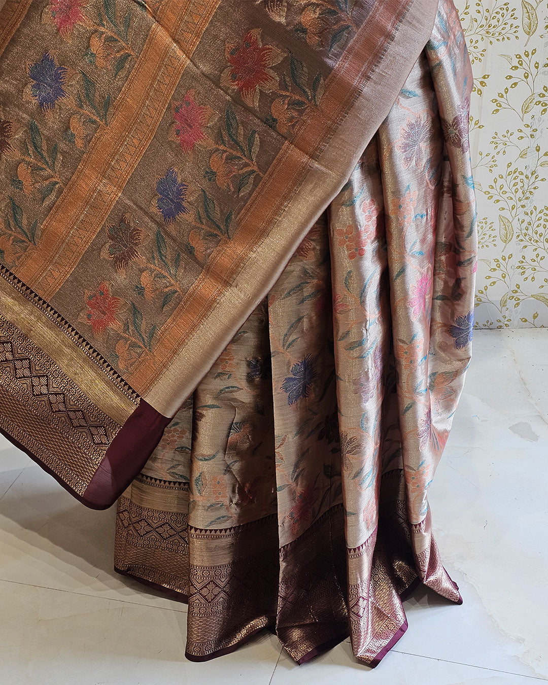 Banarasi Tissue Saree Bronze Zari Border with Floral Design & Tissue Pallu