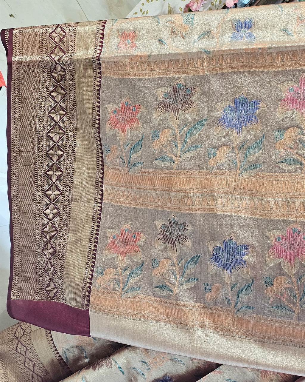 Banarasi Tissue Saree Bronze Zari Border with Floral Design & Tissue Pallu