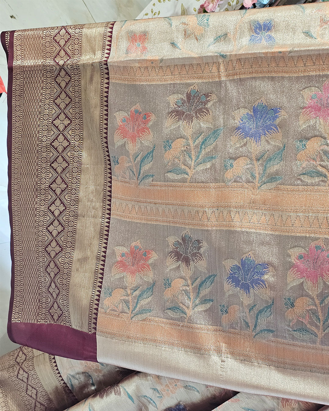 Banarasi Tissue Saree Bronze Zari Border with Floral Design & Tissue Pallu