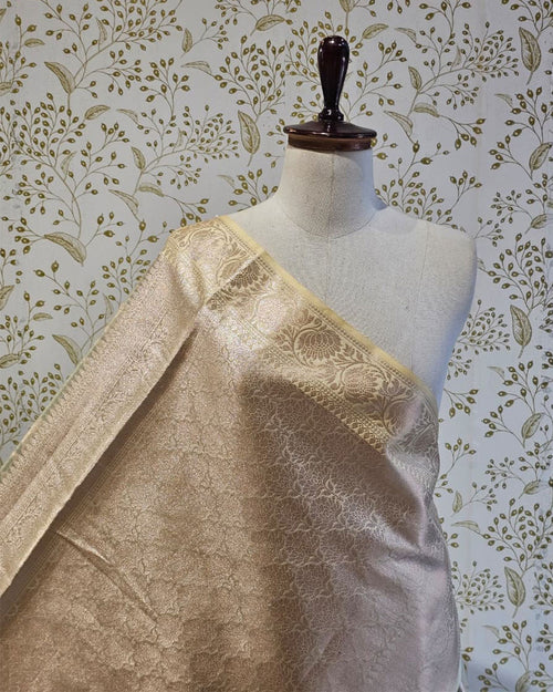 Banarasi Tissue Saree  Light Gold Designer Border with Floral Weave & Brocade Pallu