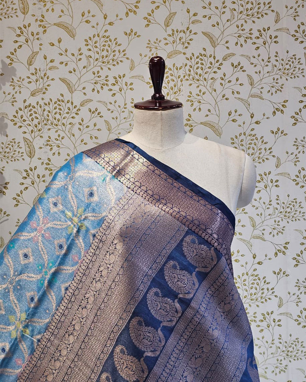 Banarasi Tissue Saree  Marine Blue Border with Floral & Checks Design, Brocade Pallu
