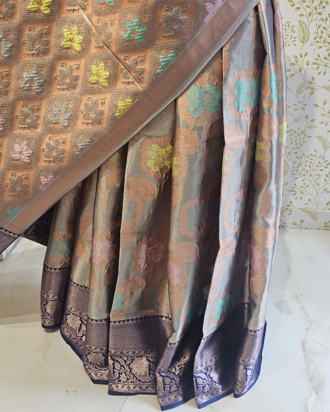 Banarasi Tissue Saree  Marine Blue Border with Floral & Checks Design, Brocade Pallu