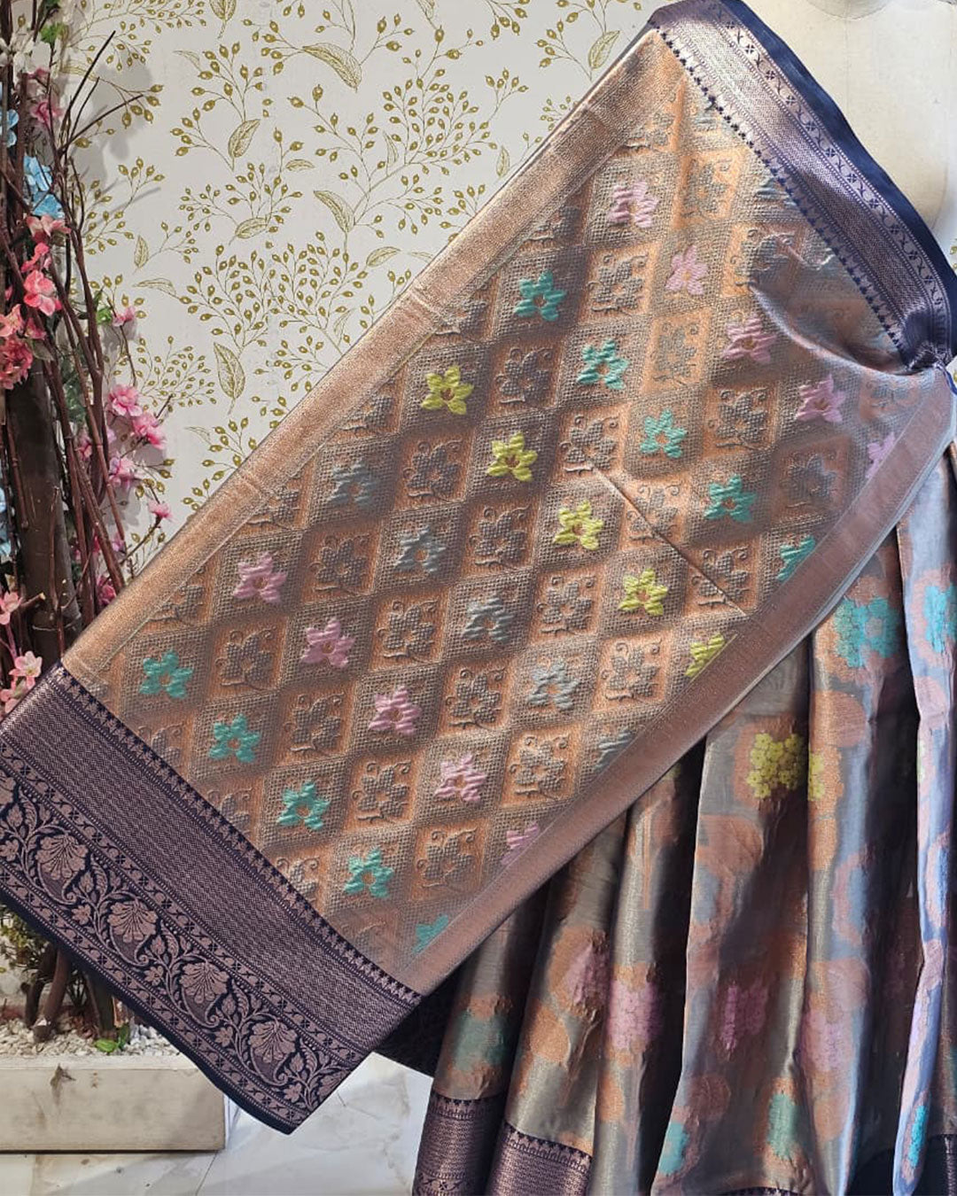 Banarasi Tissue Saree  Marine Blue Border with Floral & Checks Design, Brocade Pallu