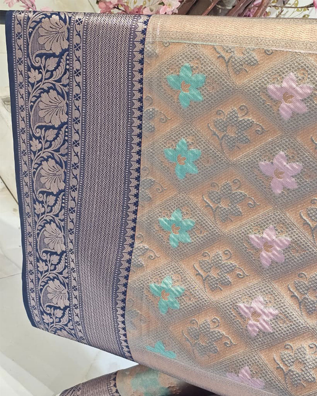Banarasi Tissue Saree  Marine Blue Border with Floral & Checks Design, Brocade Pallu