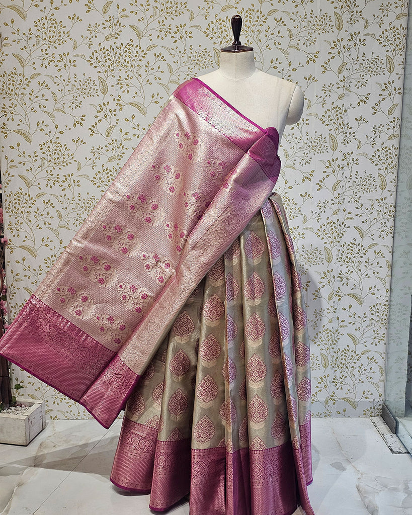 Tissue Kanjivaram Saree Light Gold Zari Leaf Butti & Skirt Border with Brocade Pallu