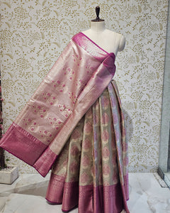 Tissue Kanjivaram Saree Light Gold Zari Leaf Butti & Skirt Border with Brocade Pallu